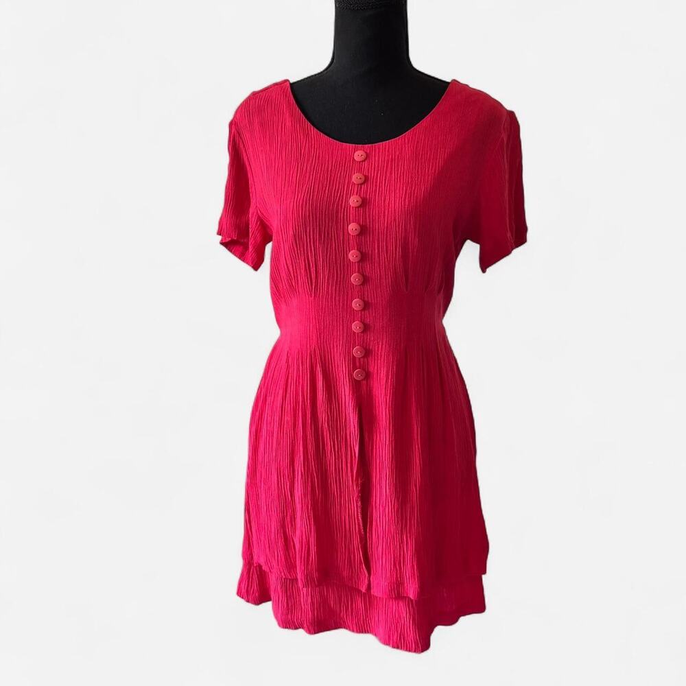 Vintage red layered mini dress button front size 6 rayon sundress picnic‎